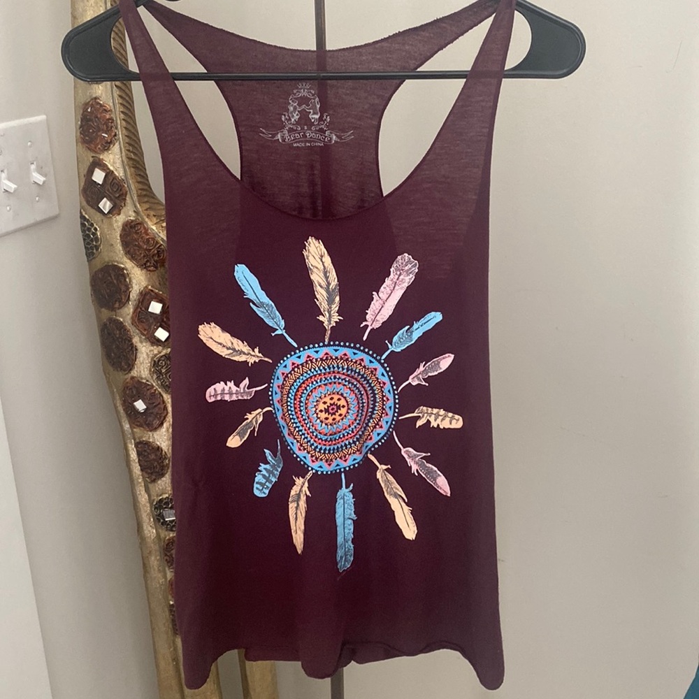 Bear Dance Maroon Mandala Dreamcatcher Feather Racerback Graphic Tank Top S